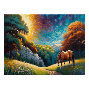 Pferd und Blumen auf einer bunten Wiese Poster