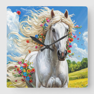 Pferd und Blumen Quadratische Wanduhr