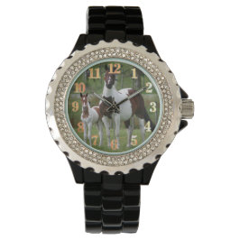 Pferd und Colt : Kristall der Frauen Black Enamel  Armbanduhr