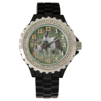 Pferd und Colt : Kristall der Frauen Black Enamel  Armbanduhr