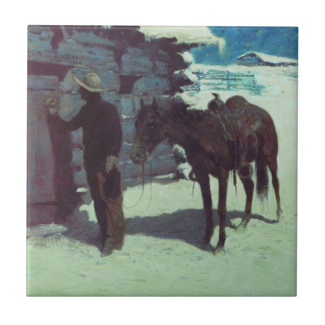 Pferd und Cowboy Winterschnee Fliese (Vorderseite)