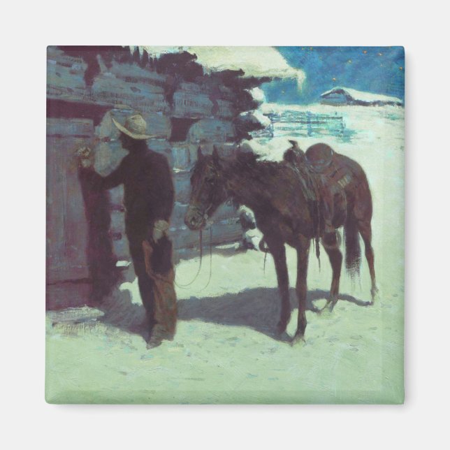 Pferd und Cowboy Winterschnee Magnet (Vorne)