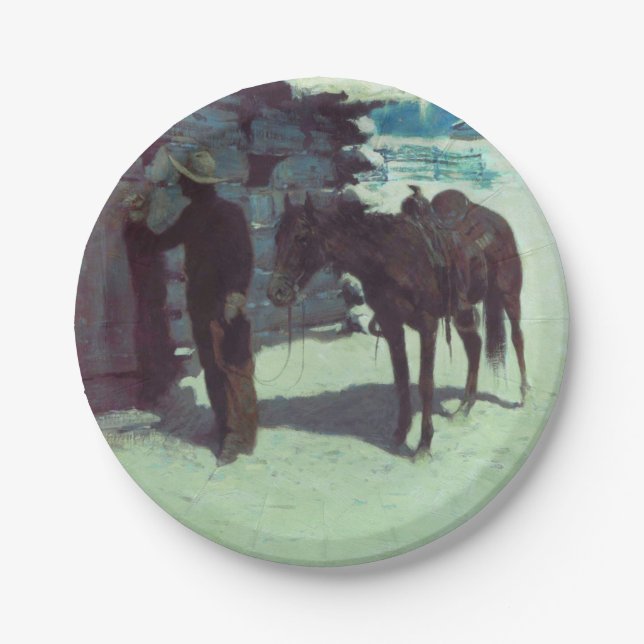 Pferd und Cowboy Winterschnee Pappteller (Vorderseite)