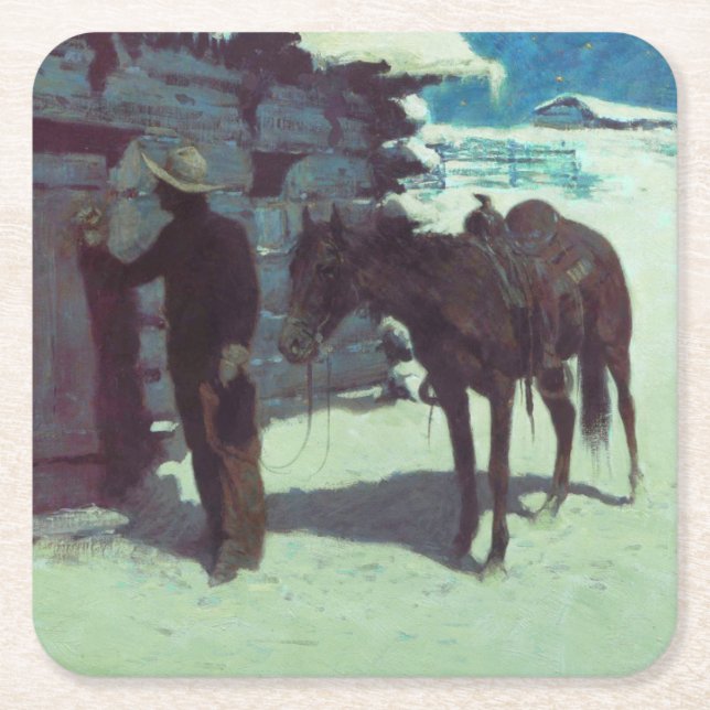 Pferd und Cowboy Winterschnee Rechteckiger Pappuntersetzer (Vorderseite)