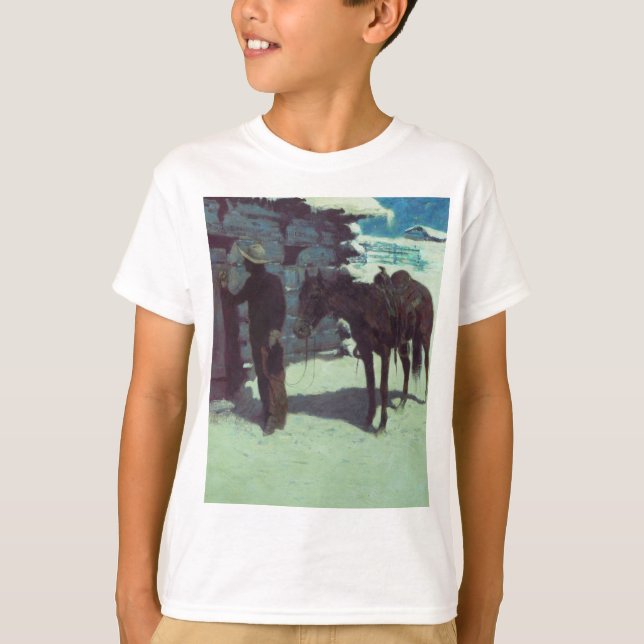 Pferd und Cowboy Winterschnee T-Shirt (Vorderseite)