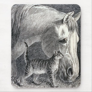 "Pferd und Katze" Vintage-Illustration Mousepad