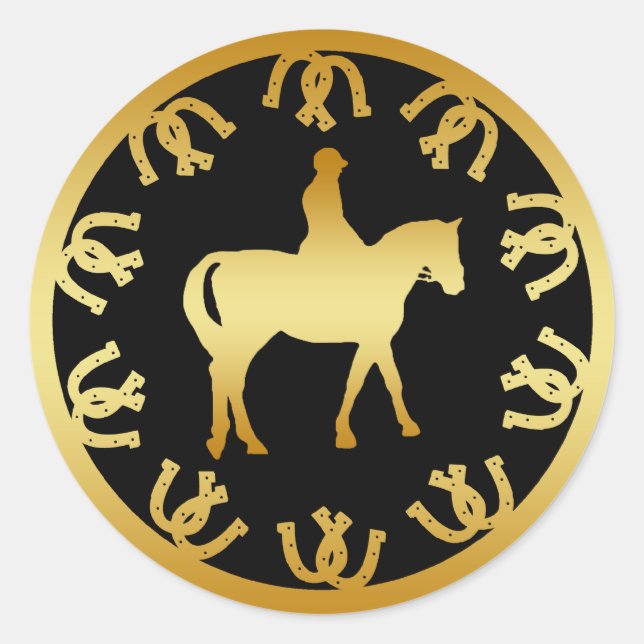 PFERD UND REITER - GOLD RUNDER AUFKLEBER (Vorderseite)