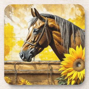 Pferd und Sonnenblume schöne AI-Kunst Getränkeuntersetzer