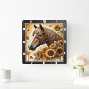 Pferd und Sonnenblumen Herbst Quadratische Wanduhr