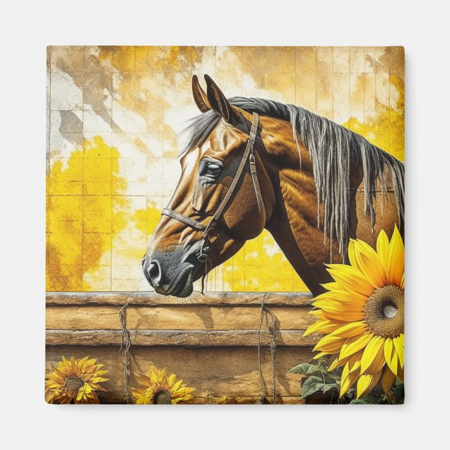 Pferd und Sonnenblumen Schöne künstlerische Kunst Magnet (Vorne)