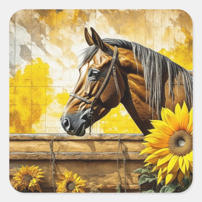 Pferd und Sonnenblumen Schöne künstlerische Kunst Quadratischer Aufkleber (Vorderseite)