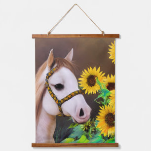 Pferd und Sonnenblumen Wandteppich Mit Holzrahmen