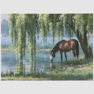 Pferd Weidenbaum Teich Landschaft Seidenpapier