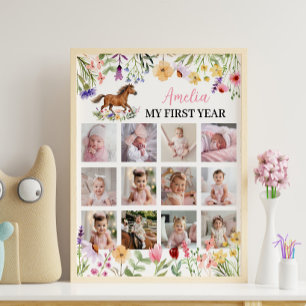 Pferd Wildblume Erstes Jahr Foto Meilenstein Schil Poster