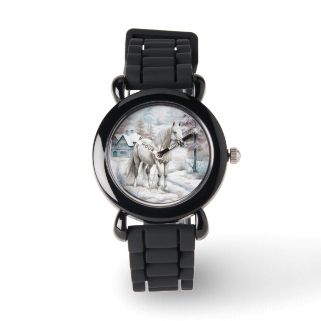 Pferd Winter Szene Schneewald Weihnachten Armbanduhr (Vorderseite)