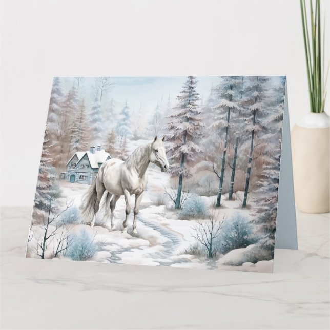 Pferd Winter Szene Schneewald Weihnachten Karte (Vorderseite)