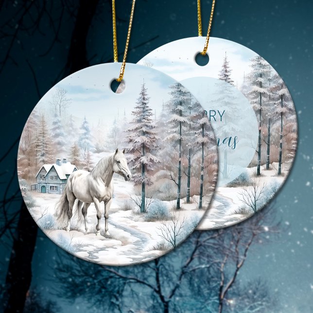 Pferd Winter Szene Schneewald Weihnachten Keramik Ornament (Horse winter scene snow forest Christmas Ceramic Ornament)