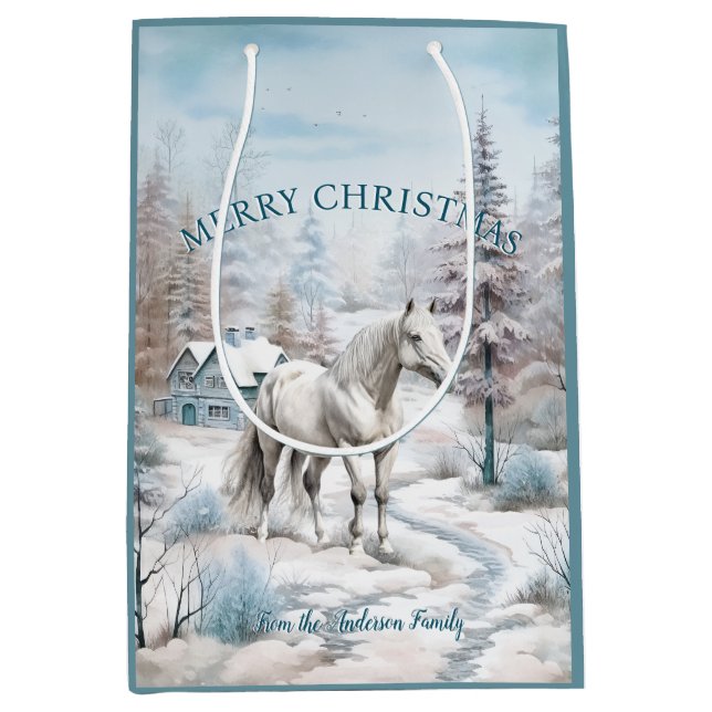 Pferd Winter Szene Schneewald Weihnachten Mittlere Geschenktüte (Vorderseite)
