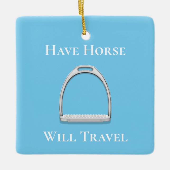 "Pferd wird reisen" Stirrup Eisen auf blau Keramikornament (Vorderseite)