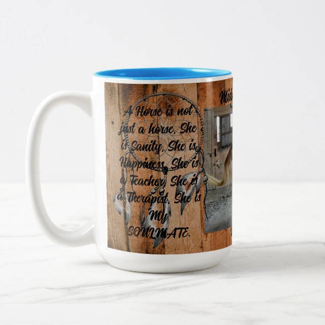Pferd Zwei-Tonen-Tasse mit Federn, 15 oz Zweifarbige Tasse (Links)