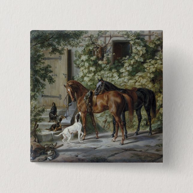 Pferde an der Porch (von Albrecht Adam) Button (Vorderseite)