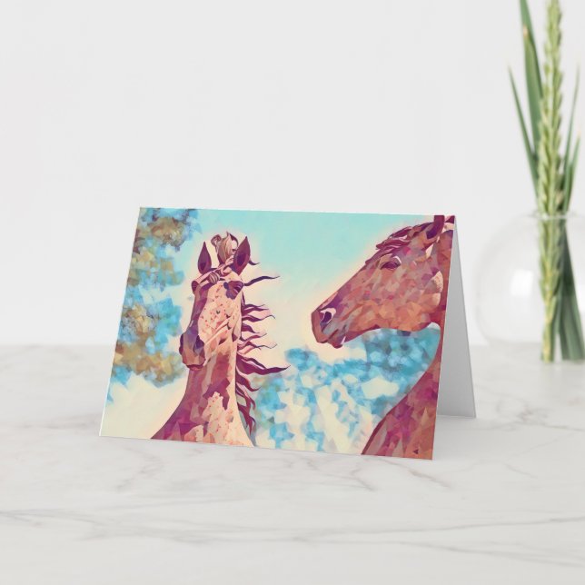 Pferde Aqua Blue Illustriert Art Karte (Vorderseite)