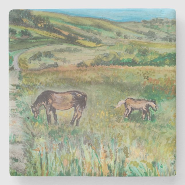 Pferde auf der Wiese Steinuntersetzer (Vorderseite)