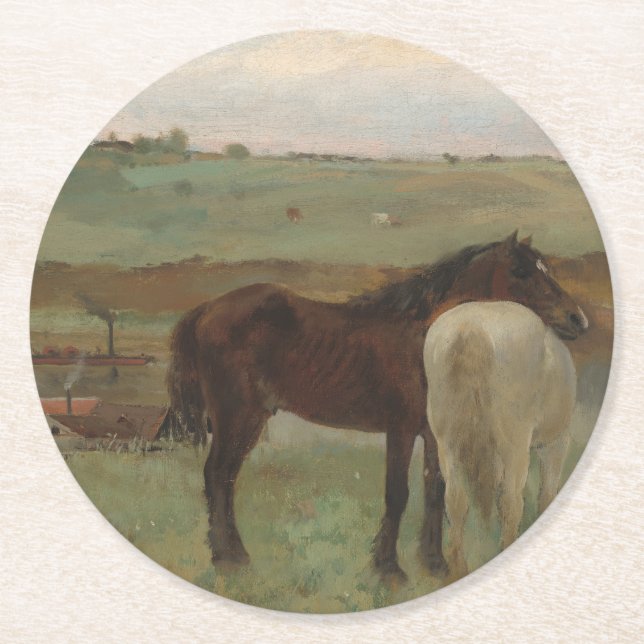 Pferde auf Wiese, Ölgemälde, Edgar Degas Runder Pappuntersetzer (Vorderseite)