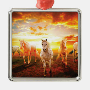 Pferde bei Sonnenuntergang Kissen Ornament Aus Metall