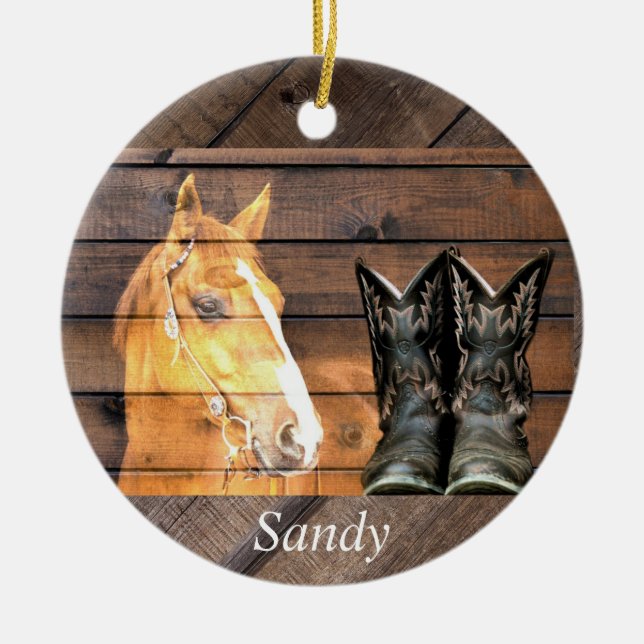 Pferde Cowboy Boots Rustic Barn Board Keramik Ornament (Vorne)