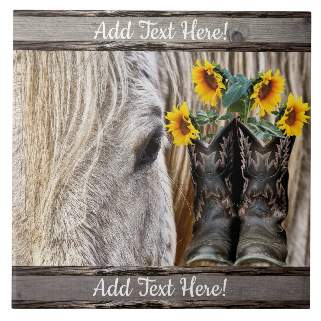 Pferde Cowboy Boots Sonnenblumen Barn Board Fliese (Vorderseite)