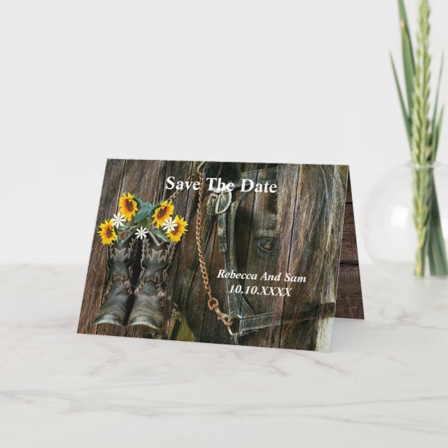 Pferde Cowboy Boots Sunflowers Rustic Barn Board Einladung (Vorderseite)