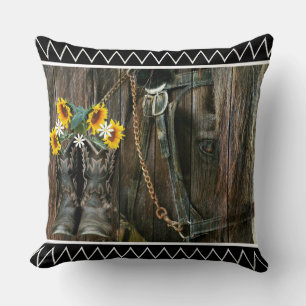 Pferde Cowboy Boots Sunflowers Rustic Barn Board Kissen
