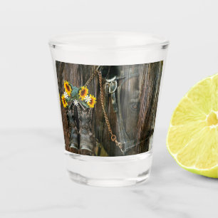 Pferde Cowboy Boots Sunflowers Rustic Barn Board Schnapsglas