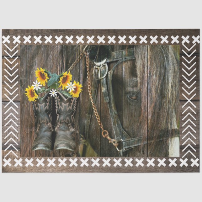 Pferde Cowboy Boots Sunflowers Rustic Barn Board Seidenpapier (Vorderseite)