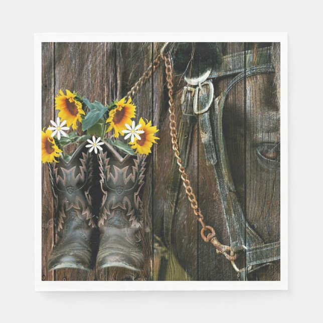 Pferde Cowboy Boots Sunflowers Rustic Barn Board Serviette (Vorderseite)