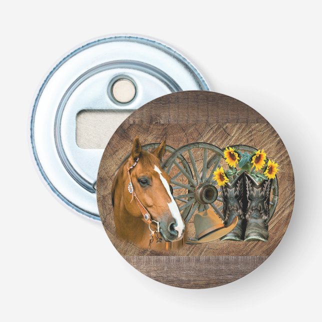 Pferde Cowboy Boots Wagon Wheel Sonnenblumen Weste Flaschenöffner (Vorderseite)