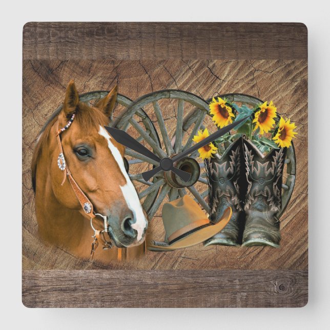 Pferde Cowboy Boots Wagon Wheel Sonnenblumen Weste Quadratische Wanduhr (Vorderseite)
