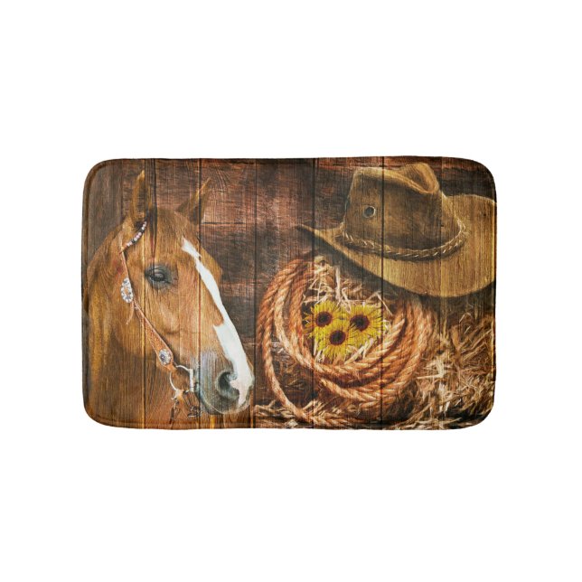 Pferde Cowboy Hat Lasso Sonnenblume Rustikales Bar Badematte (Vorderseite)