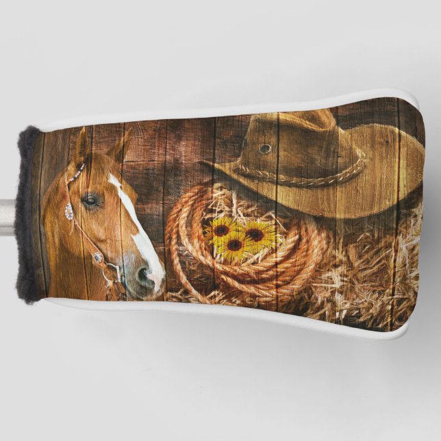 Pferde Cowboy Hat Lasso Sonnenblume Rustikales Bar Golf Headcover (Vorderseite)