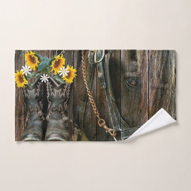Pferde Cowboy Stiefel Sonnenblumen Rustikales Barn Handtuch (Handtuch)