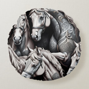 Pferde Detaillierte Malerei in Schwarz-Weiß-Kunst  Rundes Kissen