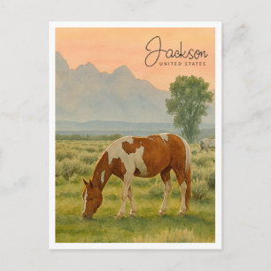 Pferde & Grand Tetons Jackson WY Watercolor Feiertagspostkarte