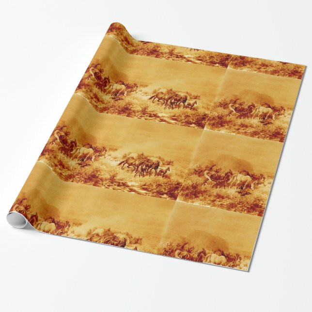 PFERDE GRASIEREN, antik-braun-gelb Geschenkpapier (Ungerollt)