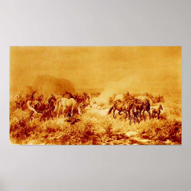 PFERDE GRAZIEREN Antikes Orangengelbes Sepia Poster (Vorne)