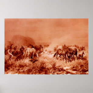 PFERDE GRAZIEREN Antikes Rotes Braun Rosa Poster
