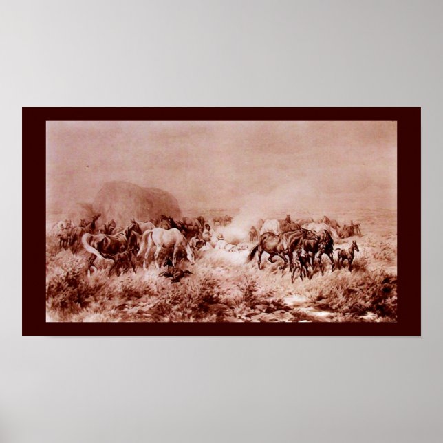 PFERDE GRAZIEREN Antiquitätenbraun, Sepia Poster (Vorne)
