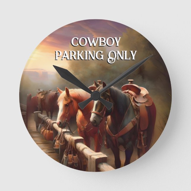 Pferde Hitched "Cowboy Parking" Runde Wanduhr (Vorderseite)
