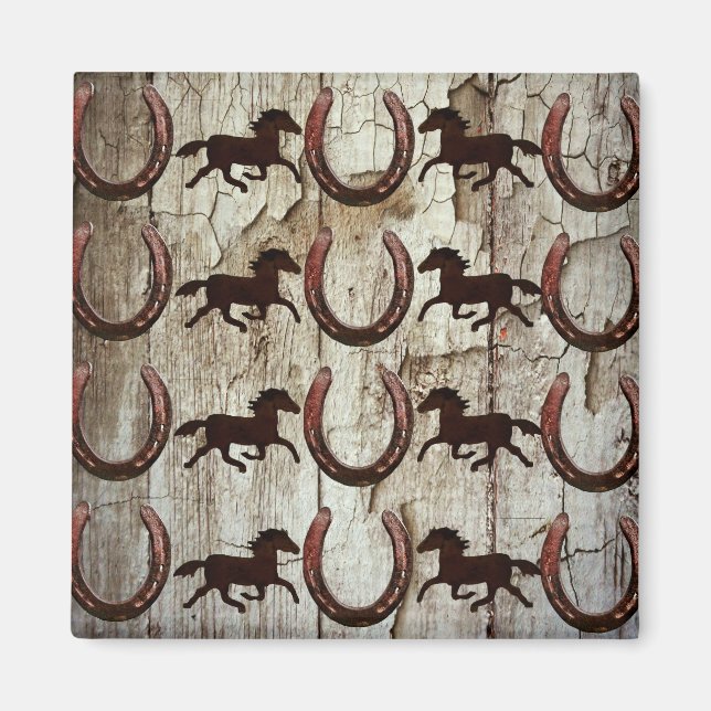 Pferde Horseshos auf Barnholz Cowboy Geschenke Magnet (Vorne)