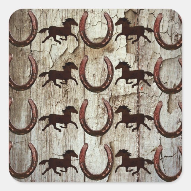 Pferde Horseshos auf Barnholz Cowboy Geschenke Quadratischer Aufkleber (Vorderseite)